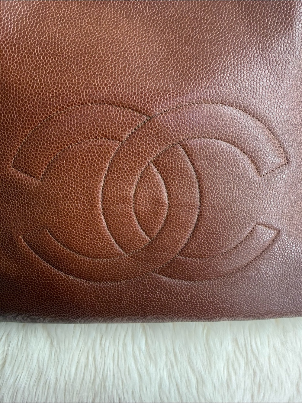 😍Fall🍁 Chanel Caviar Stitched CC Double Zip Caramel Brown Timeless Tote - Picture 10 of 15